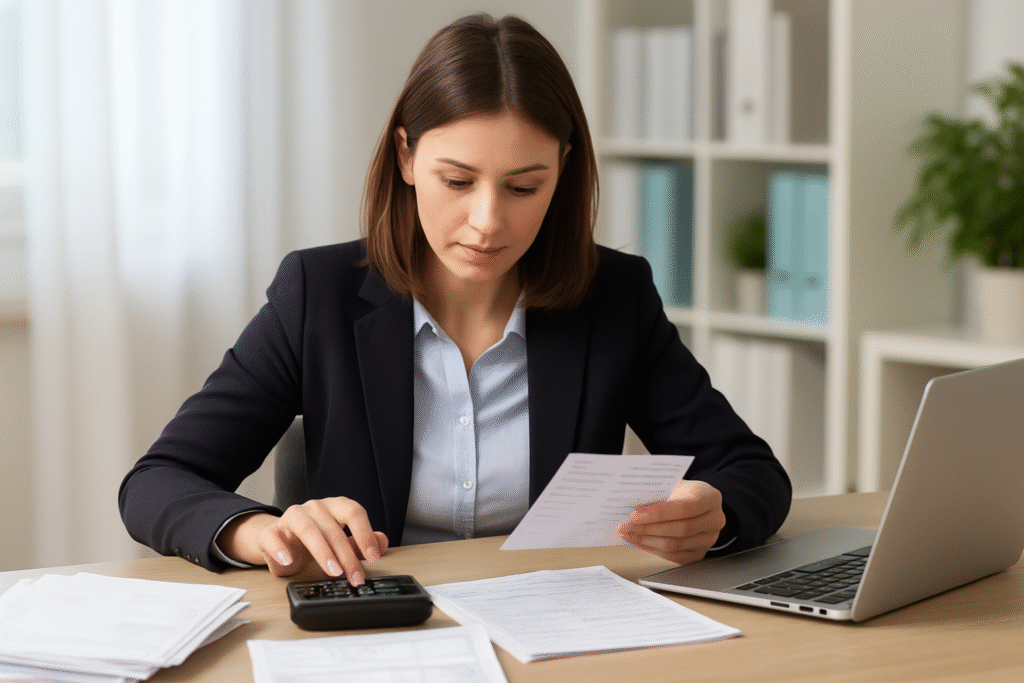 Professionista al lavoro su cedolini paga in ufficio, con documenti, calcolatrice e laptop, perfetta per illustrare l’elaborazione buste paga aziendale